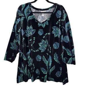 Catherines 3X Floral Velvet Top Black Green Blue 3/4 Sleeve V Neck Plus Size